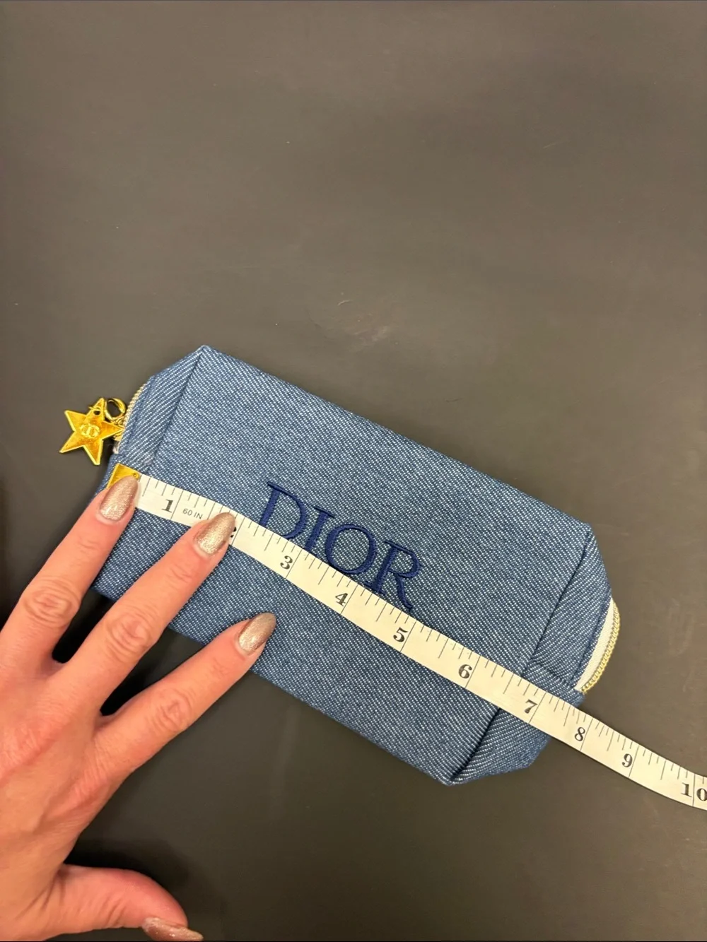 Designer Inspired Light Blue Denim Toiletry Pouch with Star Zip Pull